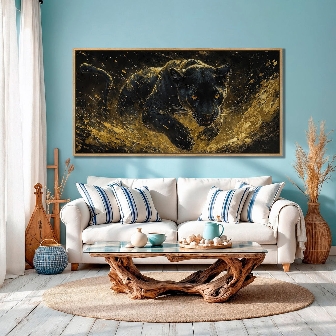 Framed Wall Art featuring a majestic black panther in gold and black abstract style. Perfect for modern home decor, adding a touch of wild elegance.