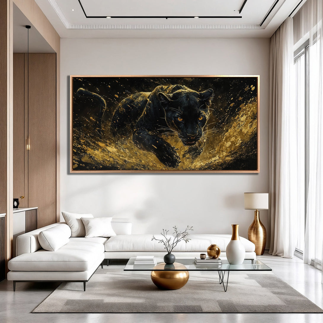 Framed Wall Art featuring a majestic black panther in a dynamic pose, with a dramatic black and gold color palette, perfect for modern home decor.
