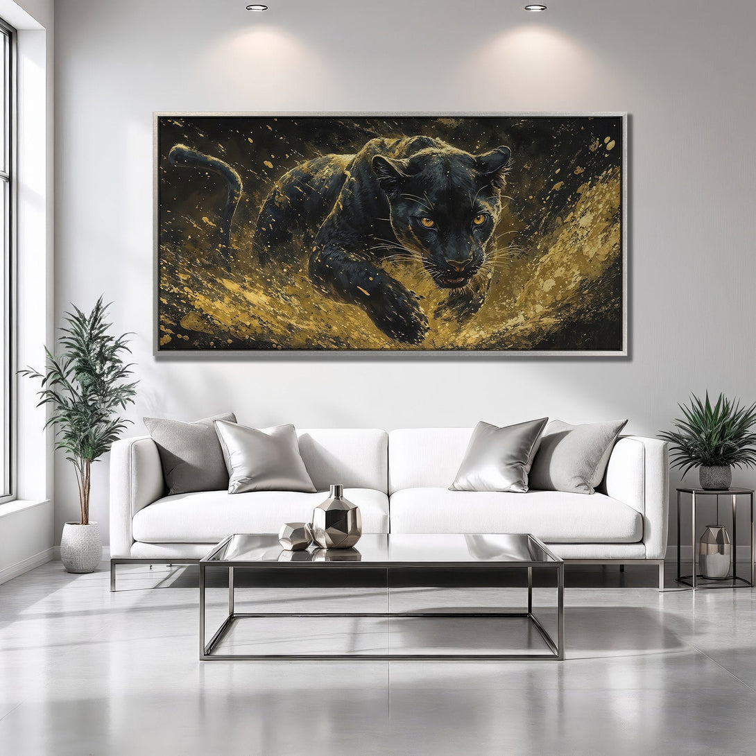 Framed Wall Art: Majestic black panther canvas print in gold and black, perfect for modern decor. Adds a touch of luxury to any space.