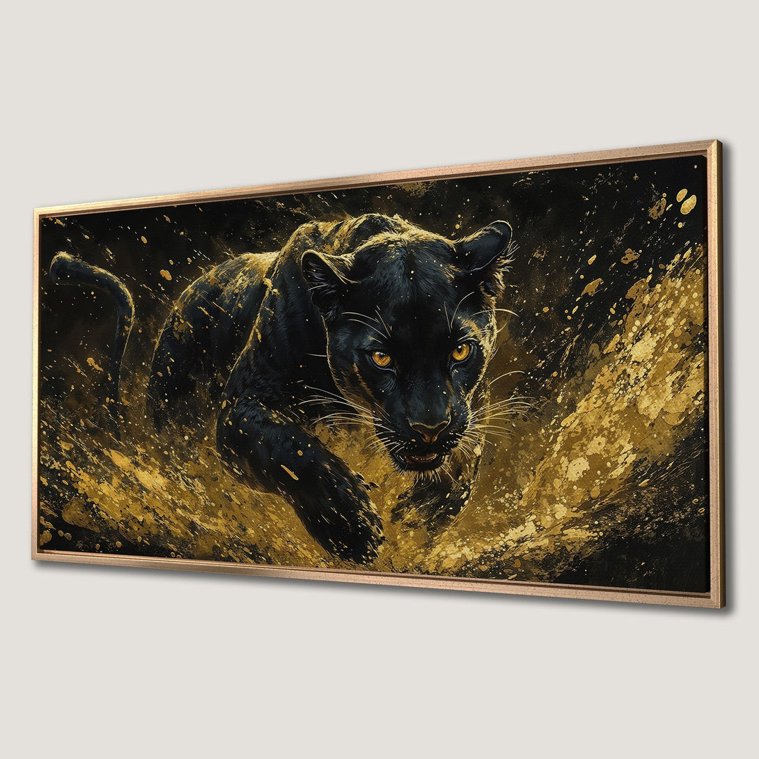 Framed Wall Art: Fierce black panther in gold and black abstract style. Add a touch of luxury to your space with this stunning canvas print!