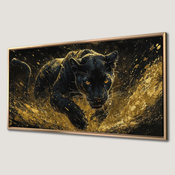 Framed Wall Art: Fierce black panther in gold and black abstract style. Add a touch of luxury to your space with this stunning canvas print!