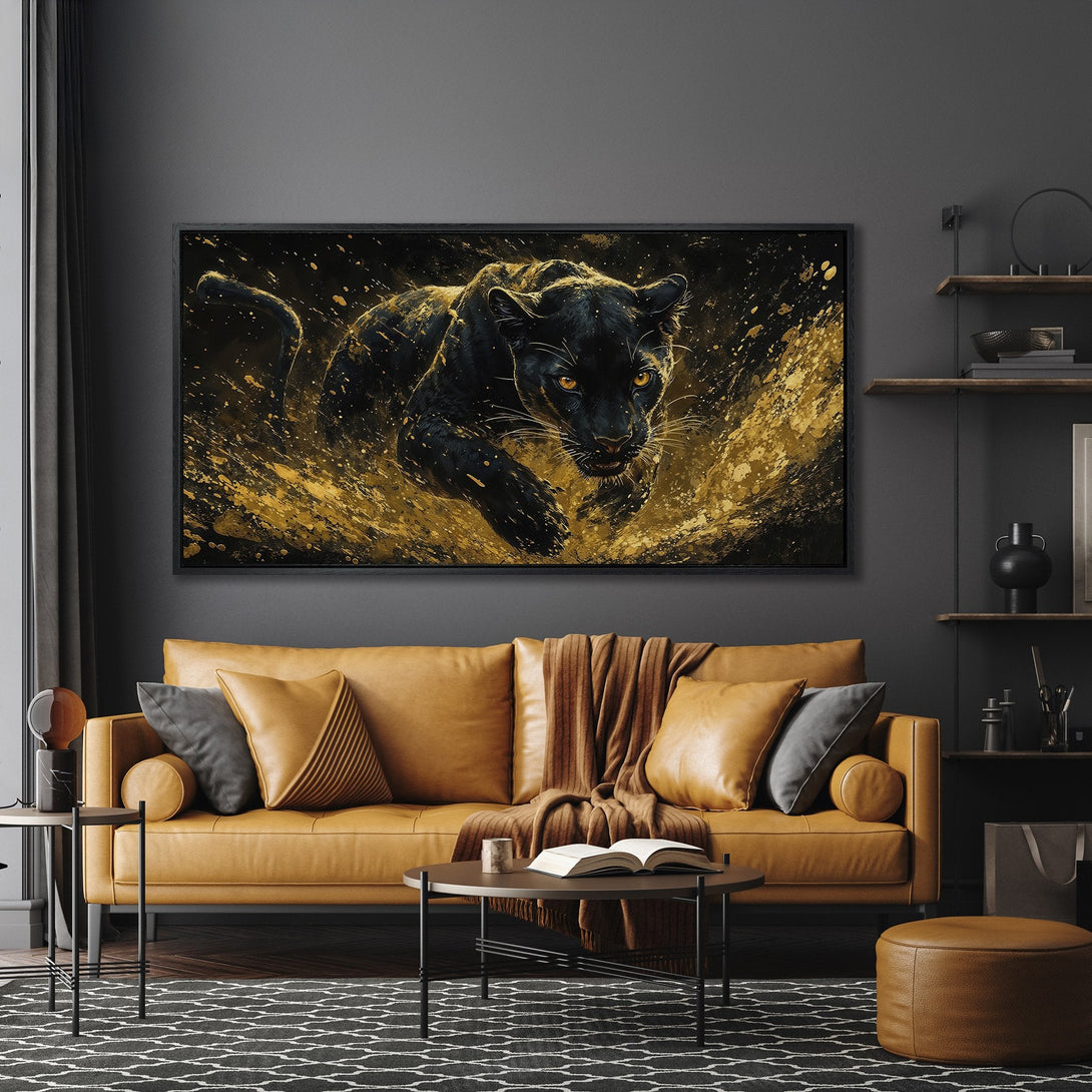 Framed Wall Art featuring a black panther in a gold splash design. Modern, dramatic artwork with a black and gold color palette, perfect for any living space.