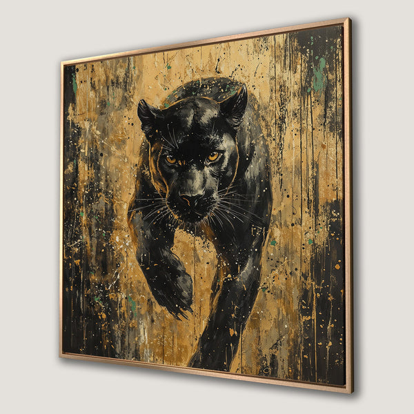 Framed Wall Art: Fierce black panther painting in abstract style with gold, black, and green accents. Add a touch of wild elegance to your space!