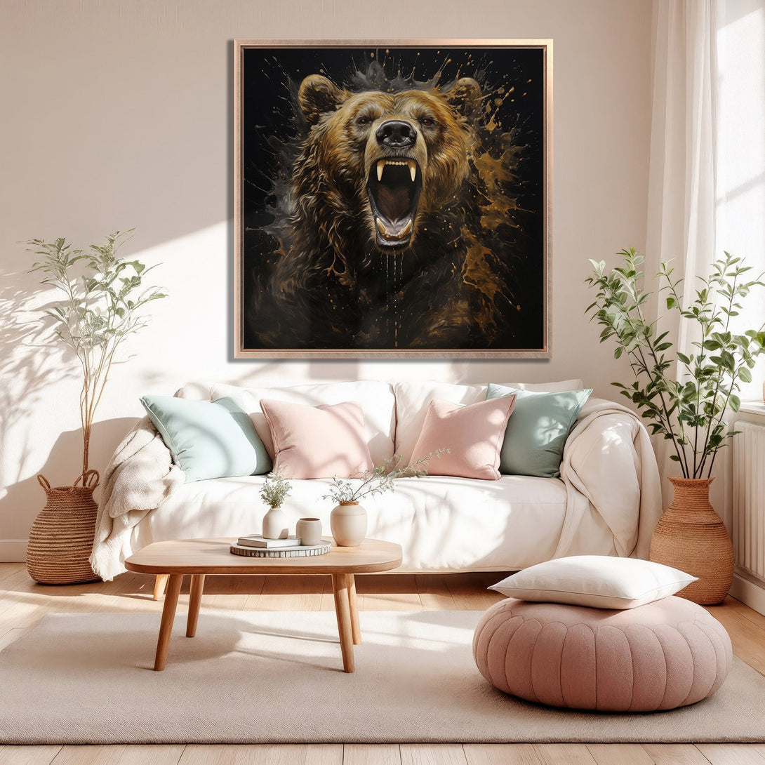 Framed Wall Art: Powerful bear portrait in warm brown and gold tones. Modern art canvas print adds a bold statement to any living room.