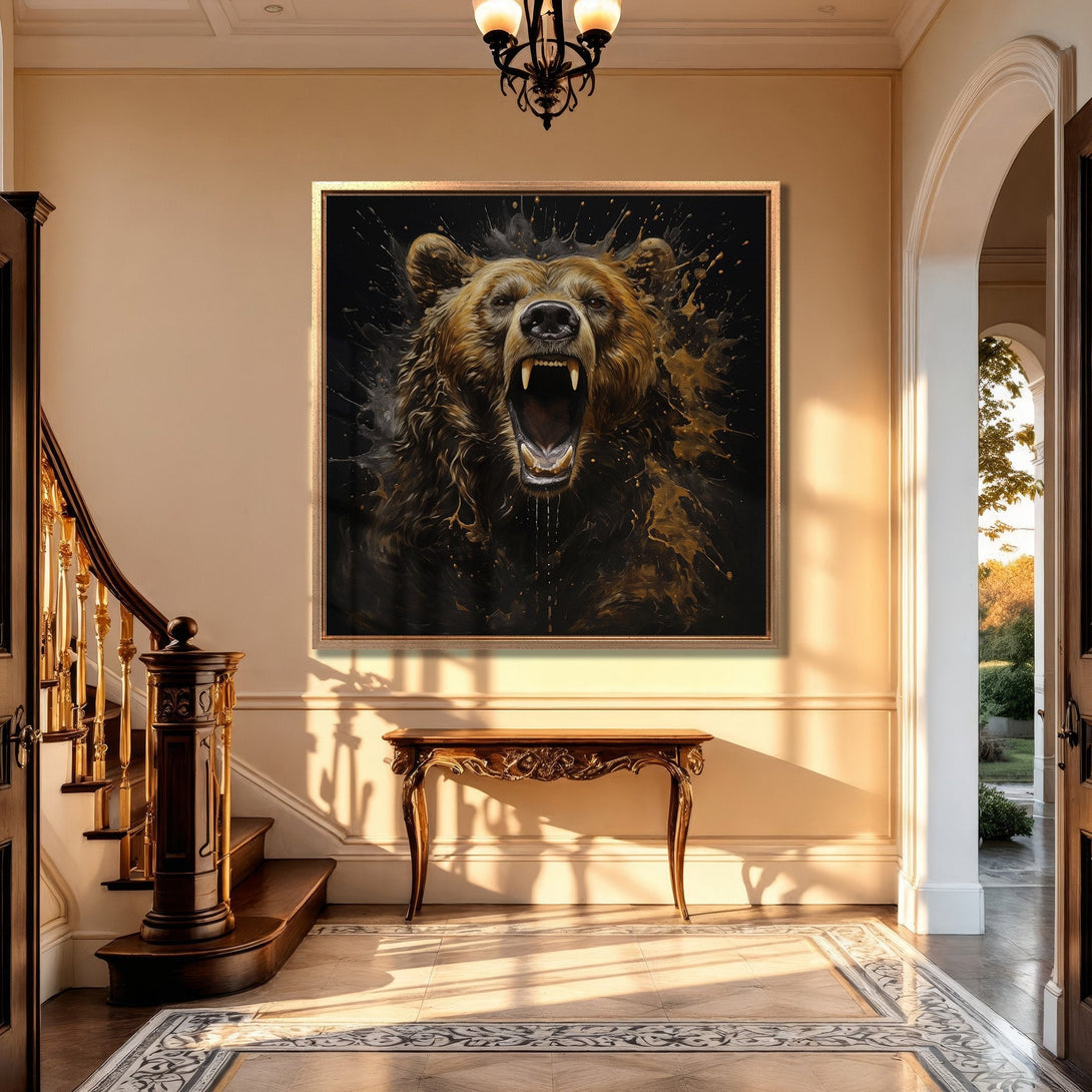 Framed Wall Art: Fierce bear portrait in a warm, inviting entryway. Stunning canvas print with a dramatic black, gold, and brown color palette. Elevate your home decor!
