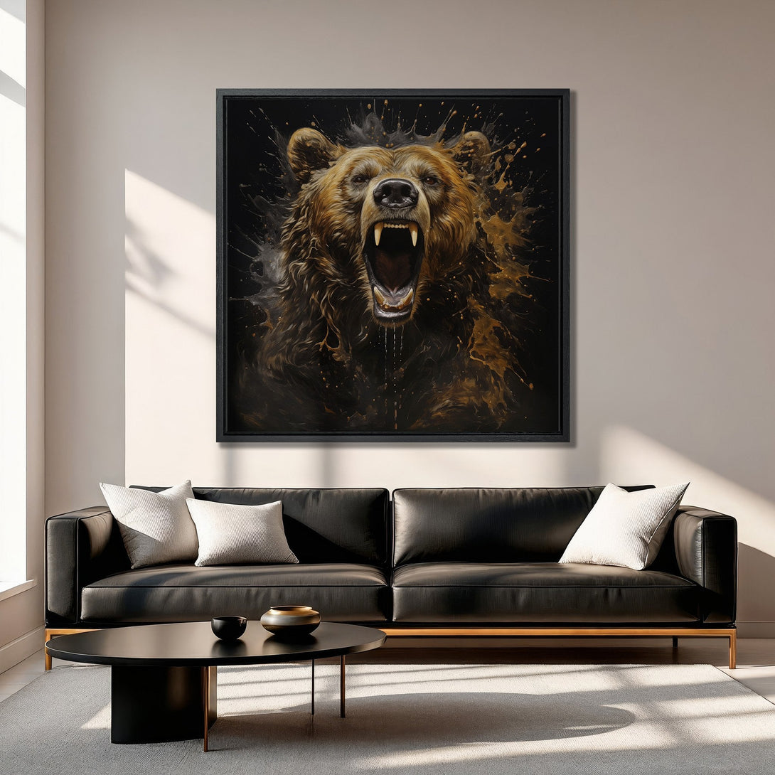 Framed Wall Art of a roaring bear in a modern, abstract style. Earthy tones of brown and gold create a bold statement piece for any room.