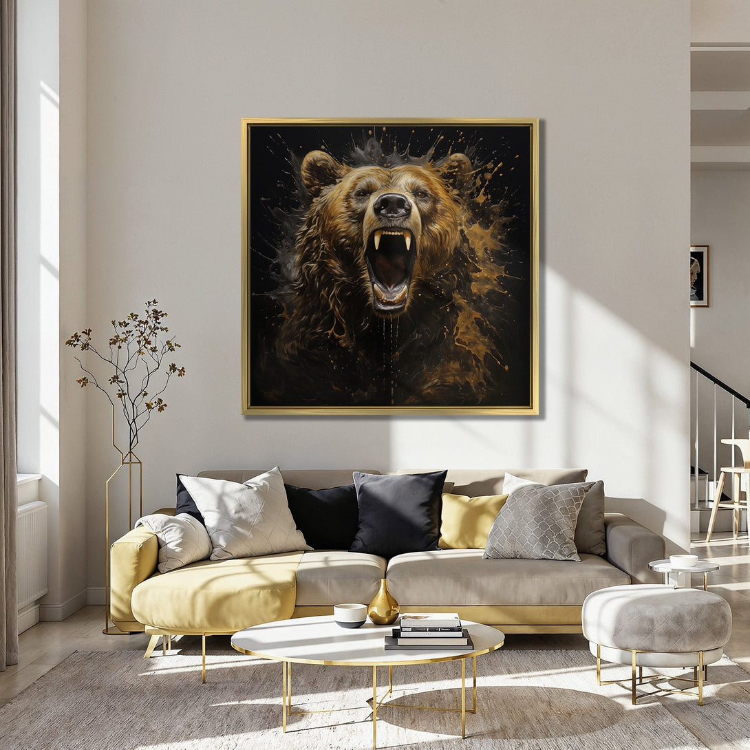 Canvas Print: Roaring bear art in a modern interior. Bold, expressive painting with brown, gold, and black tones. Perfect for statement wall decor.