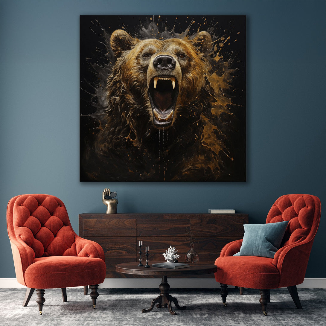 Framed Wall Art: Roaring bear canvas print in a modern interior. Bold brown and gold color palette, perfect for adding a statement piece to your home decor.