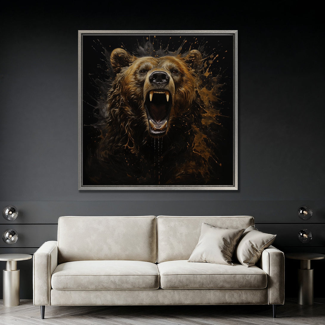 Framed Wall Art: Powerful bear portrait in a dark, moody style. Brown and gold color palette. Modern canvas print for living room decor.