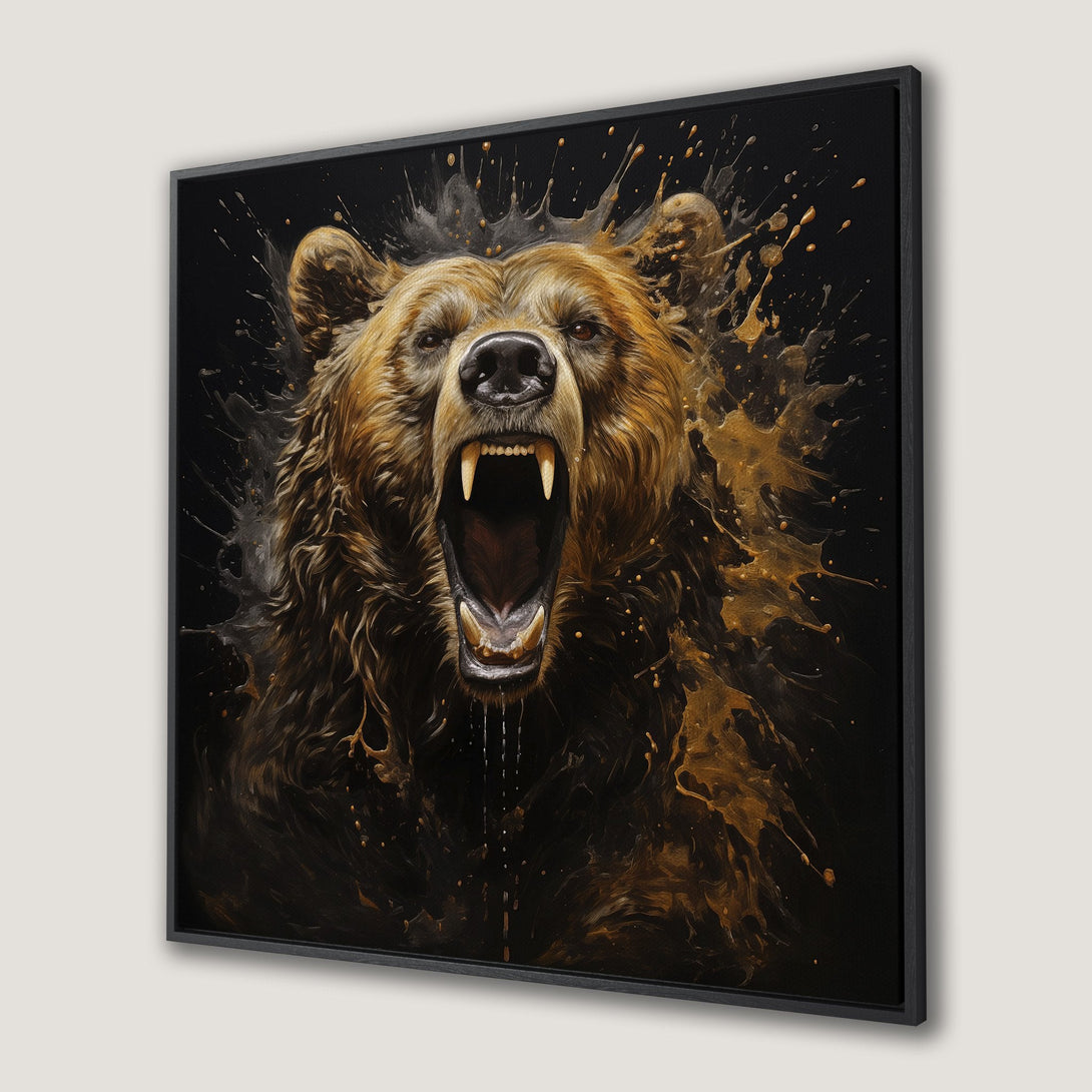 Framed Wall Art: Roaring bear canvas print in a dramatic, abstract style. Features a brown, black, and gold color palette. Perfect statement piece!