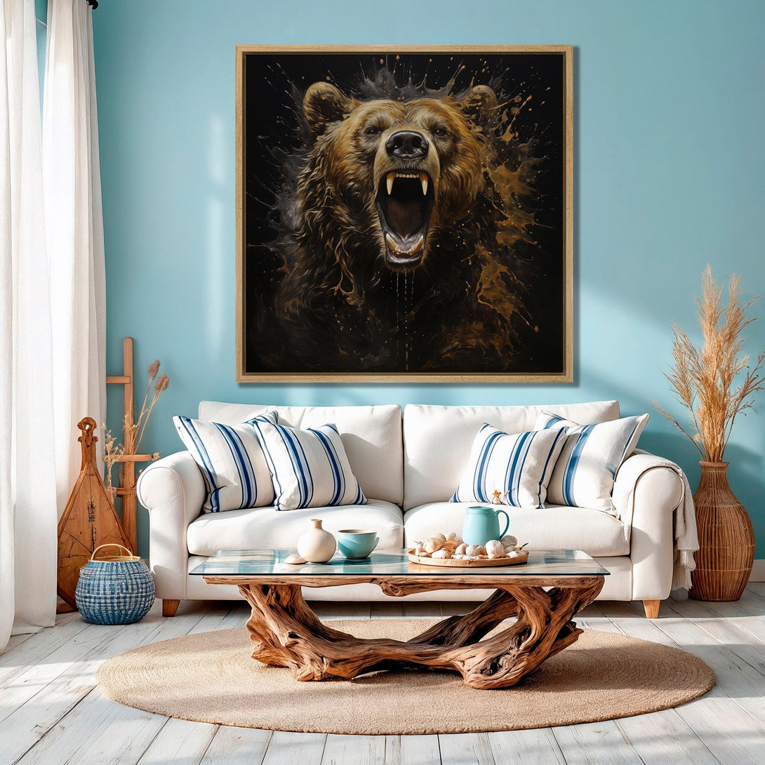 Framed Wall Art: Grizzly bear portrait in brown and gold tones. Modern Canvas Print adds a bold statement to any living room with a blue and neutral color palette.