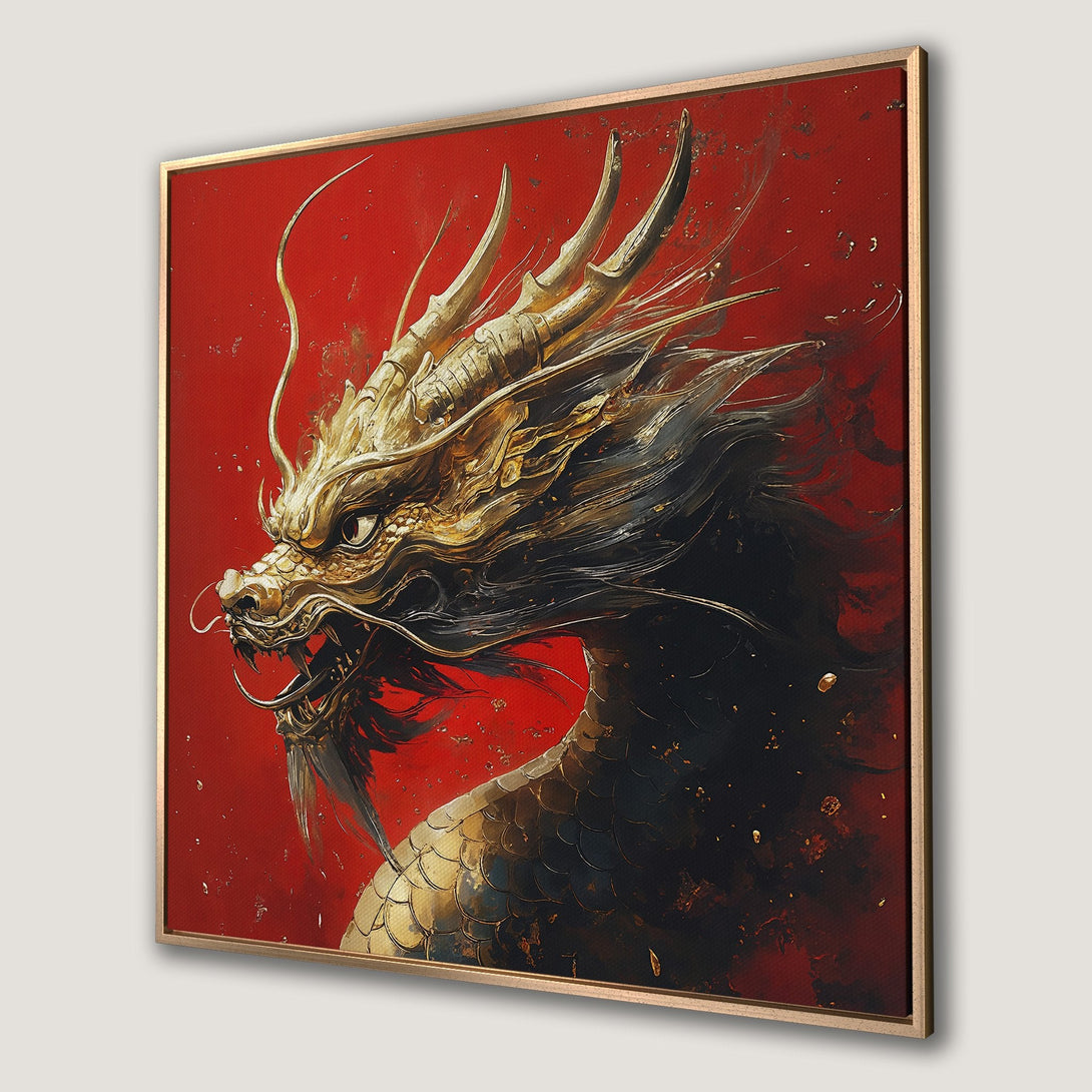 Framed Wall Art: Majestic golden dragon on a vibrant red background. Dramatic, artistic style. Perfect statement piece for your home decor.
