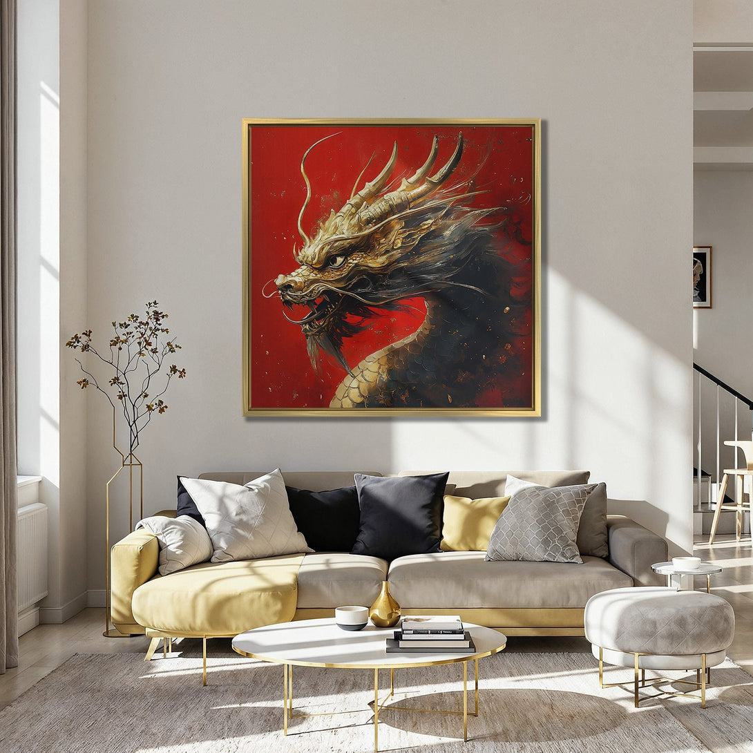 Canvas Print of a golden dragon on red background, modern art. Adds a touch of luxury and style to any room. Rich red and gold color palette.