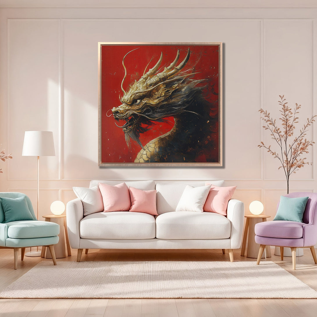 Framed Wall Art featuring a majestic golden dragon against a red backdrop. Modern art with a warm, inviting color palette for your home decor.