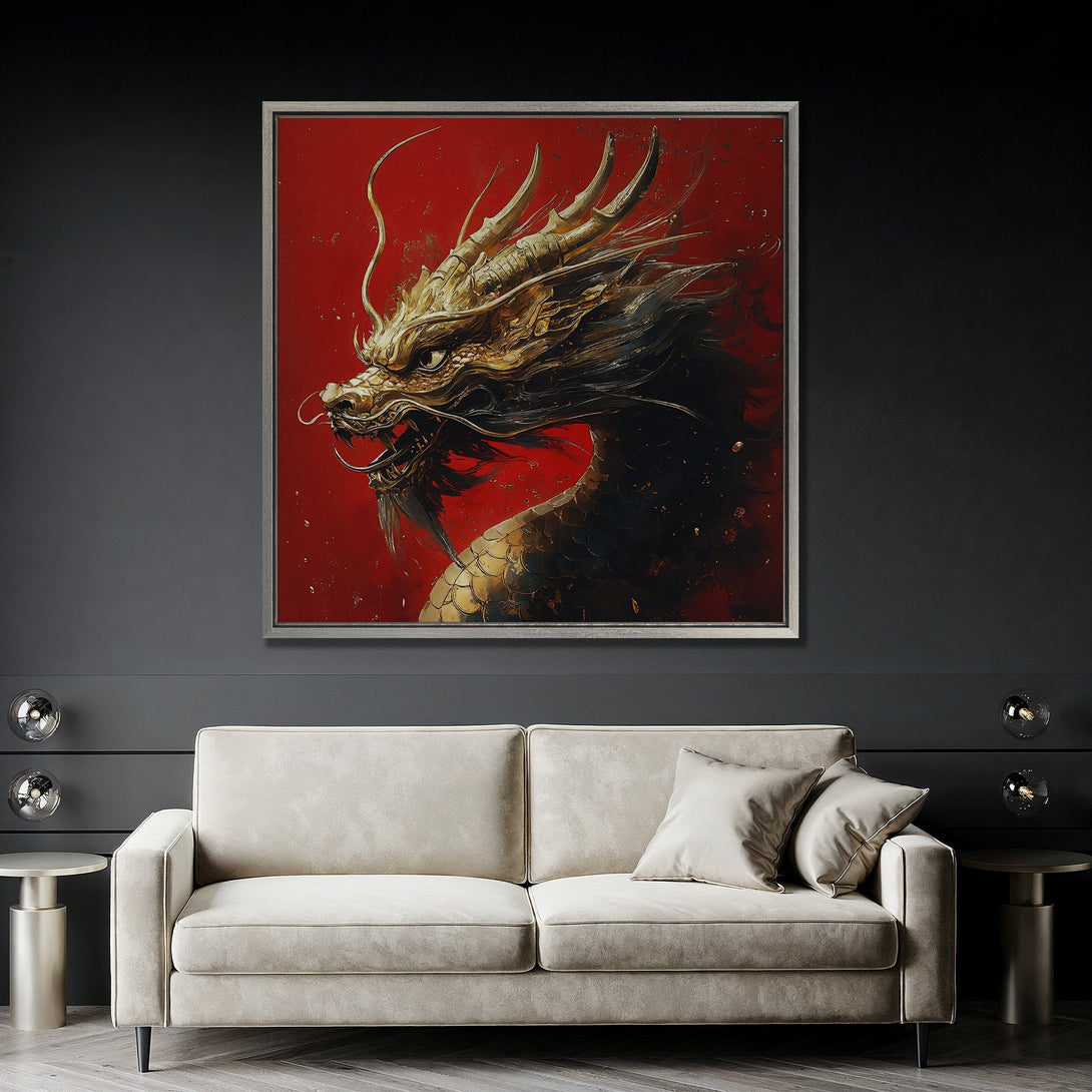 Framed Wall Art featuring a majestic golden dragon against a red backdrop. A bold, modern canvas print with a striking black, gold, and red color palette. Elevate your space!