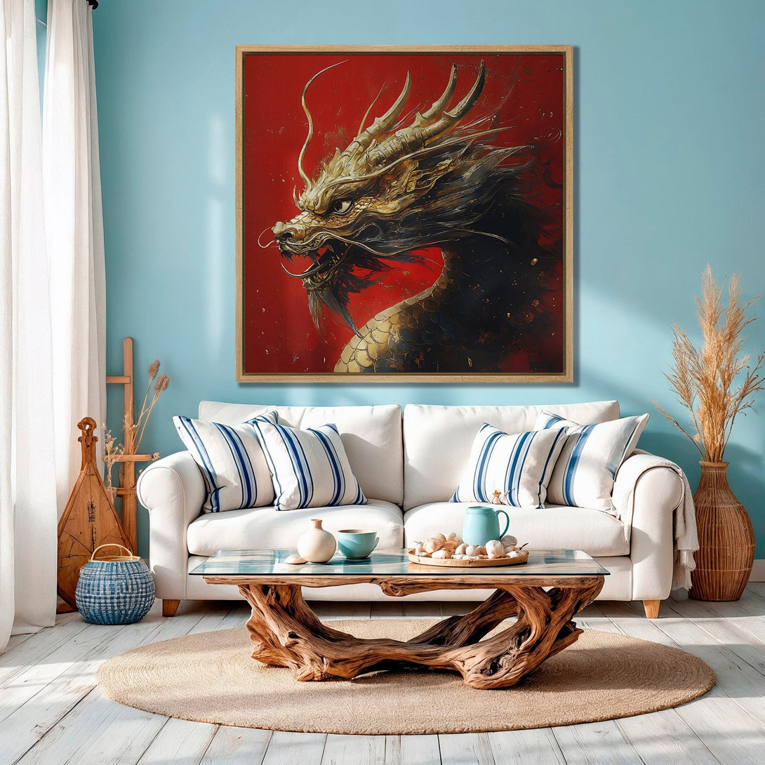 Framed Wall Art: Majestic dragon artwork in gold & black on a vibrant red backdrop. Modern interior design with a striking color palette. Enhance your home decor!