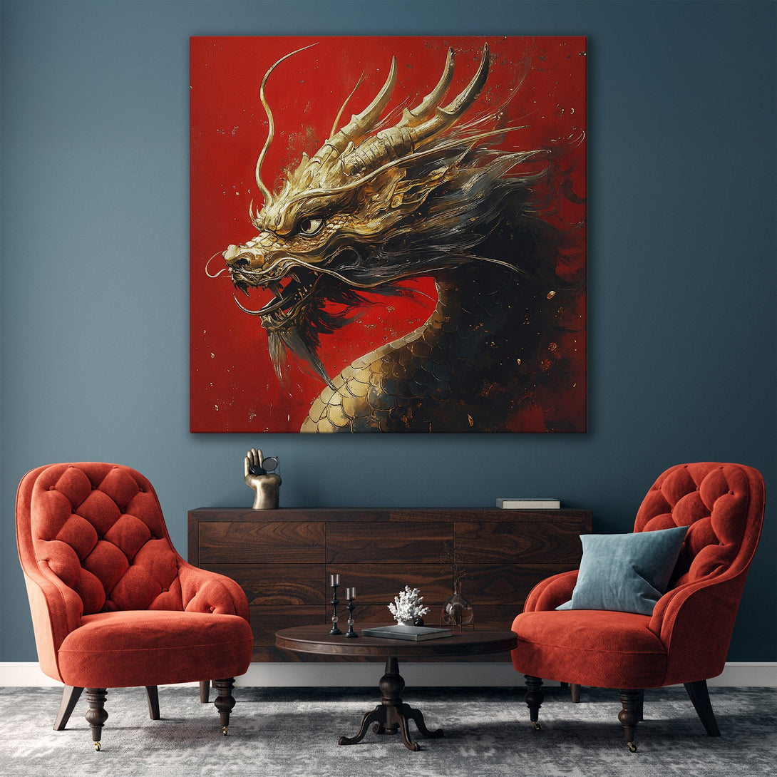 Framed Wall Art: Majestic dragon canvas print in gold, black, and red. Enhance your home decor with this stunning artwork. Modern style, perfect for any room.
