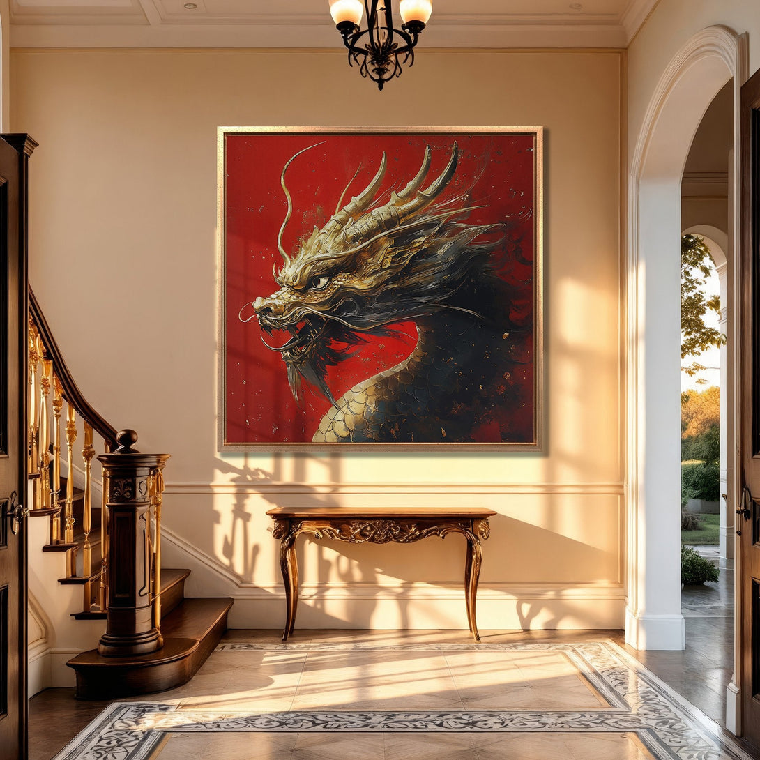 Framed Wall Art of a golden dragon on a red background. Dramatic artwork in a luxury interior. Adds a touch of Asian-inspired elegance.