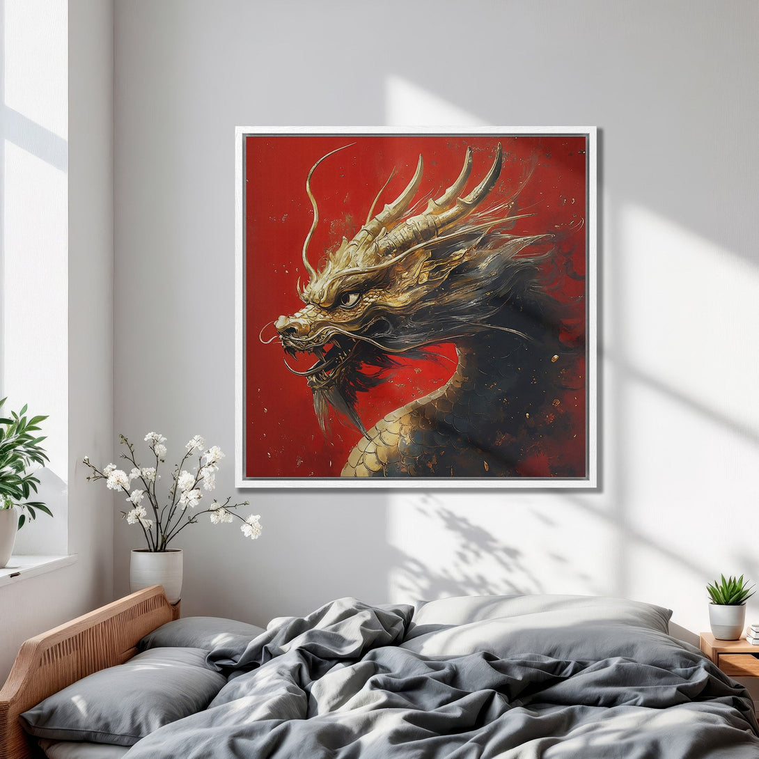 Framed Wall Art: Majestic golden dragon art print on a red background. Add a touch of Asian-inspired elegance with this stunning canvas print.