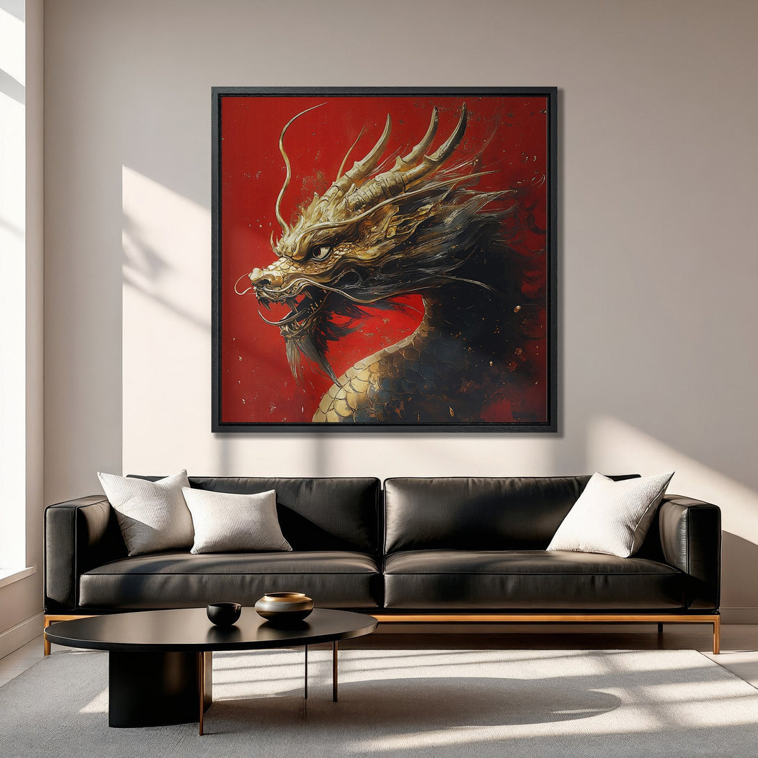 Framed Wall Art: Majestic golden dragon canvas print on a red background. Adds a touch of Asian-inspired art with a bold, modern style.