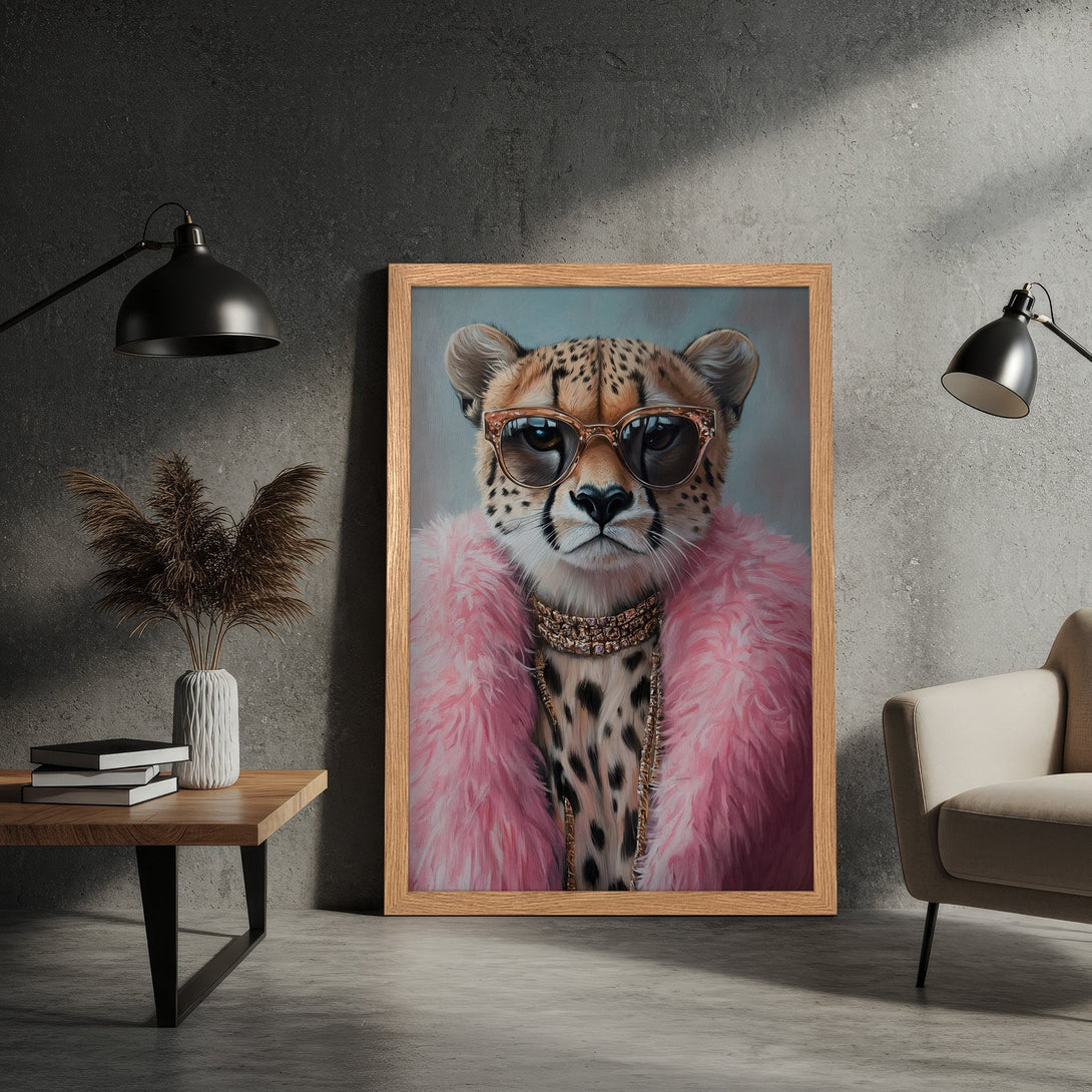 Framed Poster featuring a stylish cheetah in pink fur, modern art with a neutral color palette. Perfect wall decor!