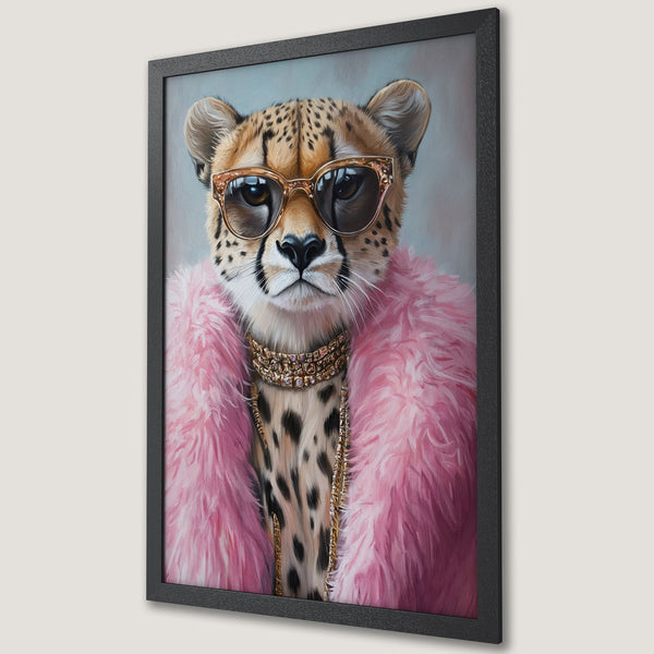 Framed Poster featuring a stylish cheetah in sunglasses and pink fur. Artistic illustration with a vibrant pink and gold color palette.