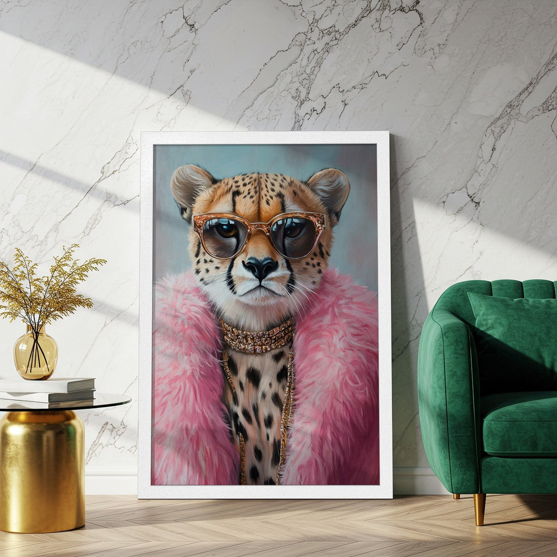 Framed Poster of a cheetah in sunglasses and pink fur. Modern art with a bold pink and gold color palette. Perfect wall decor!