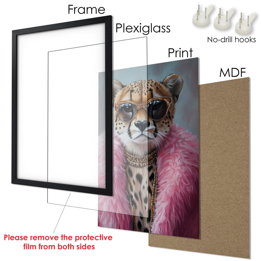 Framed Poster featuring a stylish cheetah in pink, gold, and neutral tones. Perfect wall art!