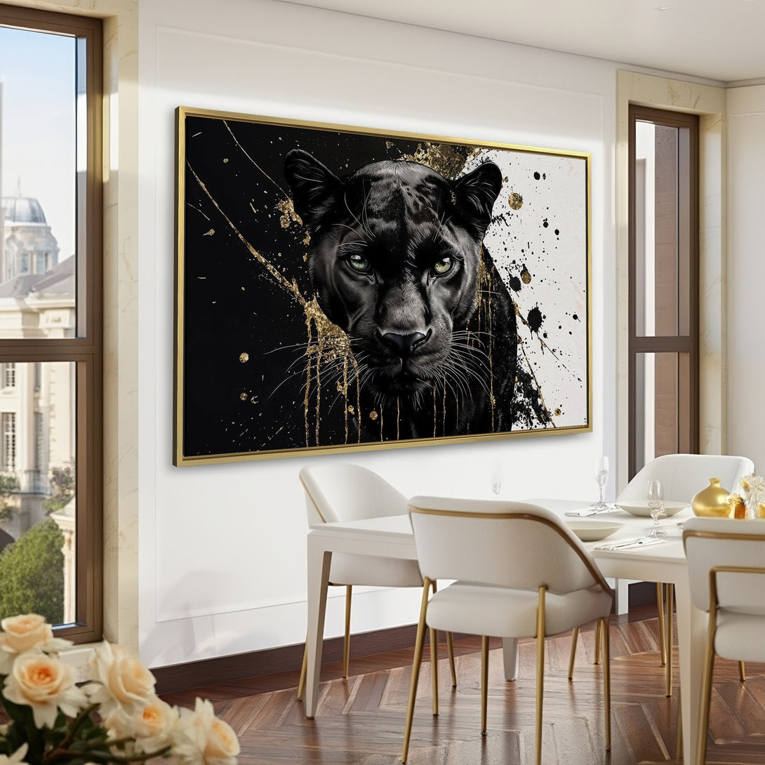 Canvas Print: Black panther artwork with gold accents. Modern, dramatic style. Black, white, and gold color palette. Perfect for home decor.