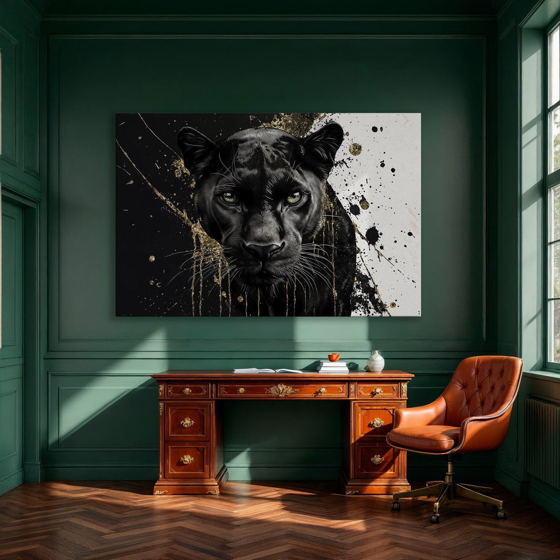 Framed Wall Art featuring a black panther with gold accents. Modern, abstract style in a black, white, and gold color palette. Perfect for luxury decor.