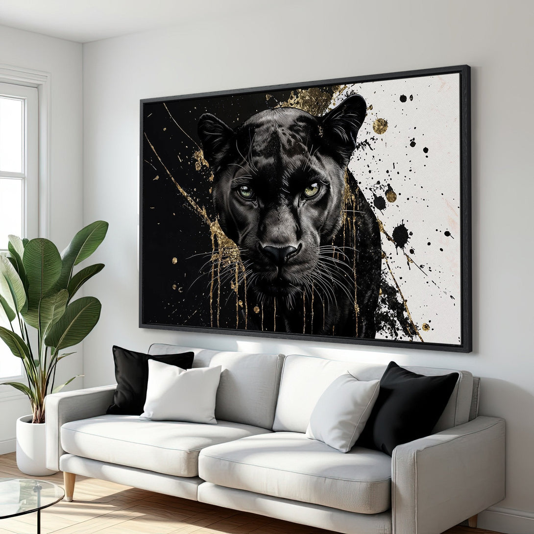 Framed Wall Art: Fierce black panther portrait with gold accents. Modern, abstract style in black, white, and gold. Elevate your space with this stunning canvas print!