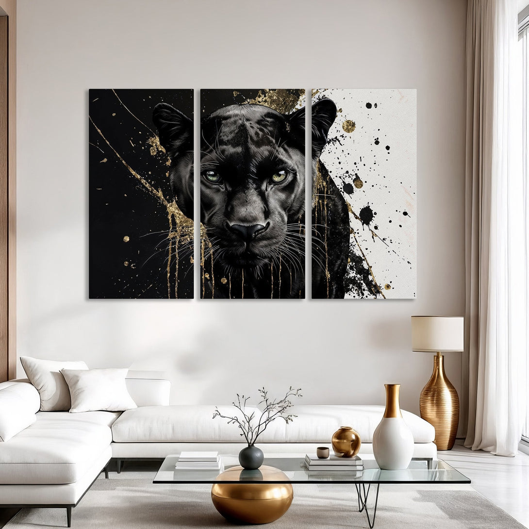 Canvas Print of a majestic black panther, abstract art style with gold accents on a black and white background. Modern wall decor.