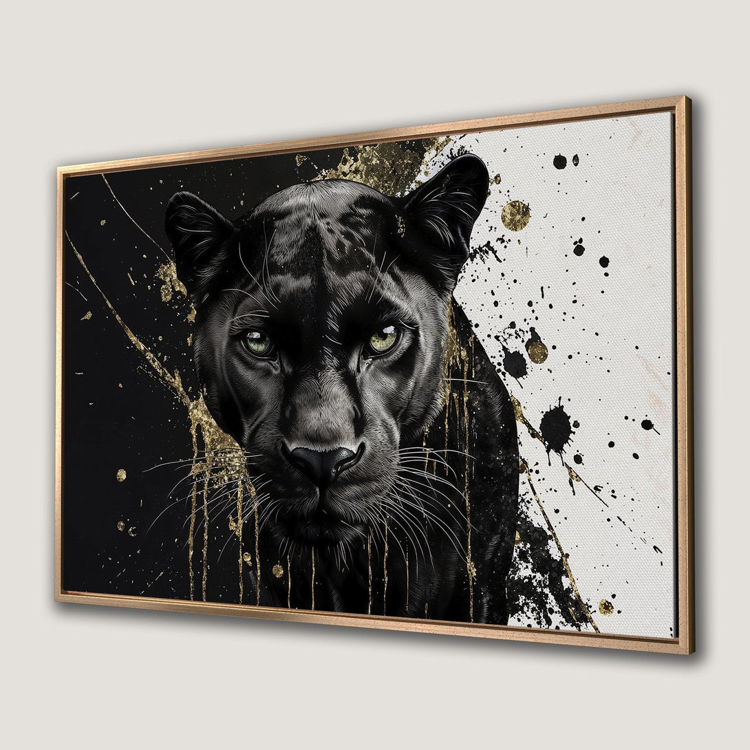 Framed Wall Art: Black panther portrait with gold accents on a black and white abstract background. Modern, stylish canvas print.