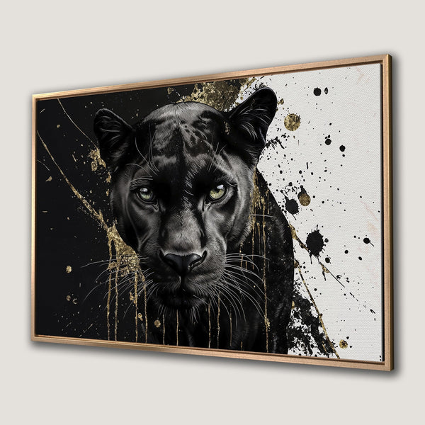 Framed Wall Art: Black panther portrait with gold accents on a black and white abstract background. Modern, stylish canvas print.
