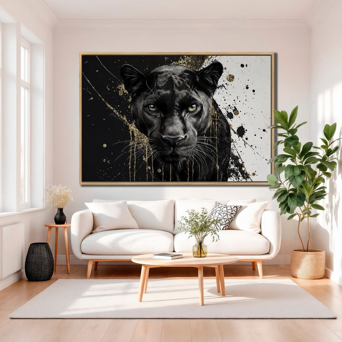 Framed Wall Art featuring a striking black panther with gold accents. Modern, abstract style in a monochrome and gold color palette. Perfect for living room decor.