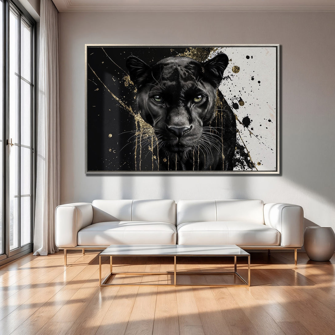 Framed Wall Art: Black panther portrait with gold accents. Modern, abstract style with a black, white & gold color palette. Perfect for home decor.