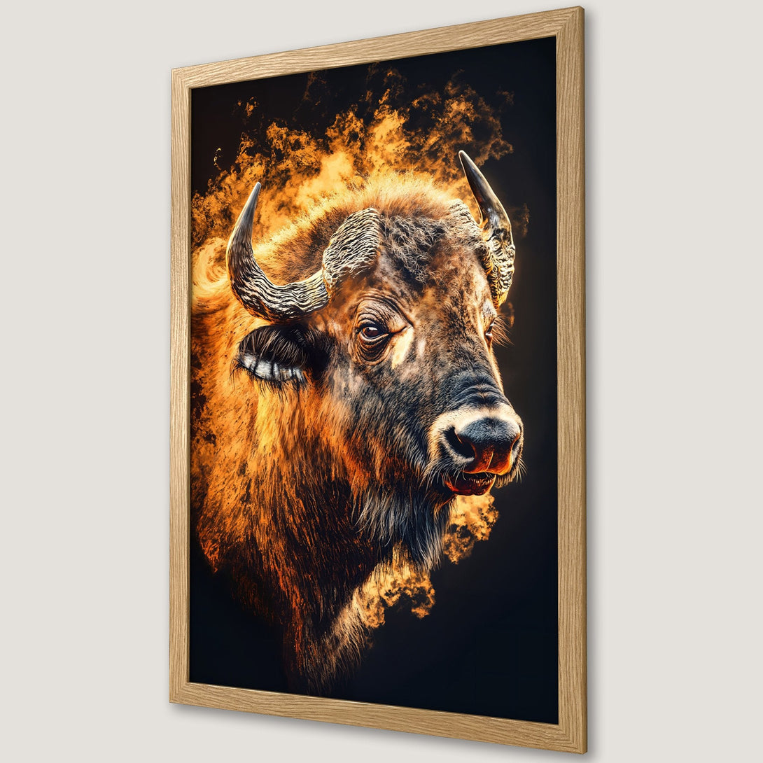 Framed Poster: Majestic bison art print, fiery style, warm orange and black color palette. Perfect for home decor. Shop now!