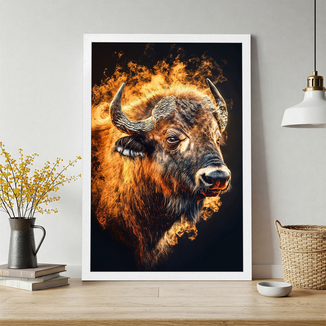 Framed Poster featuring a majestic bison head with fiery, orange tones. A stunning piece of art for your home decor.