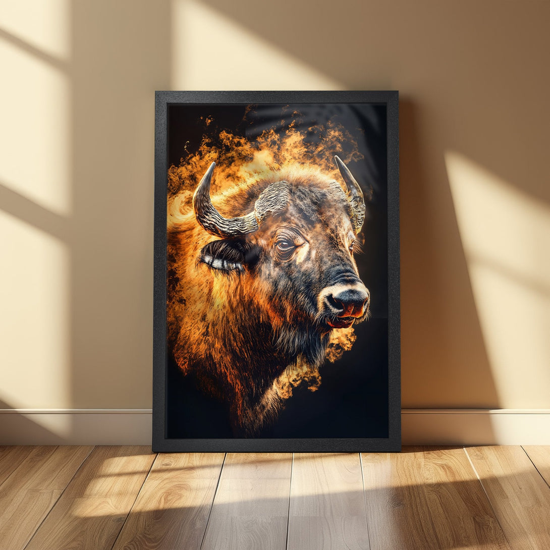 Framed Poster featuring a powerful bison with fiery details. Bold art in warm orange and black tones, perfect for adding a statement piece to your space.