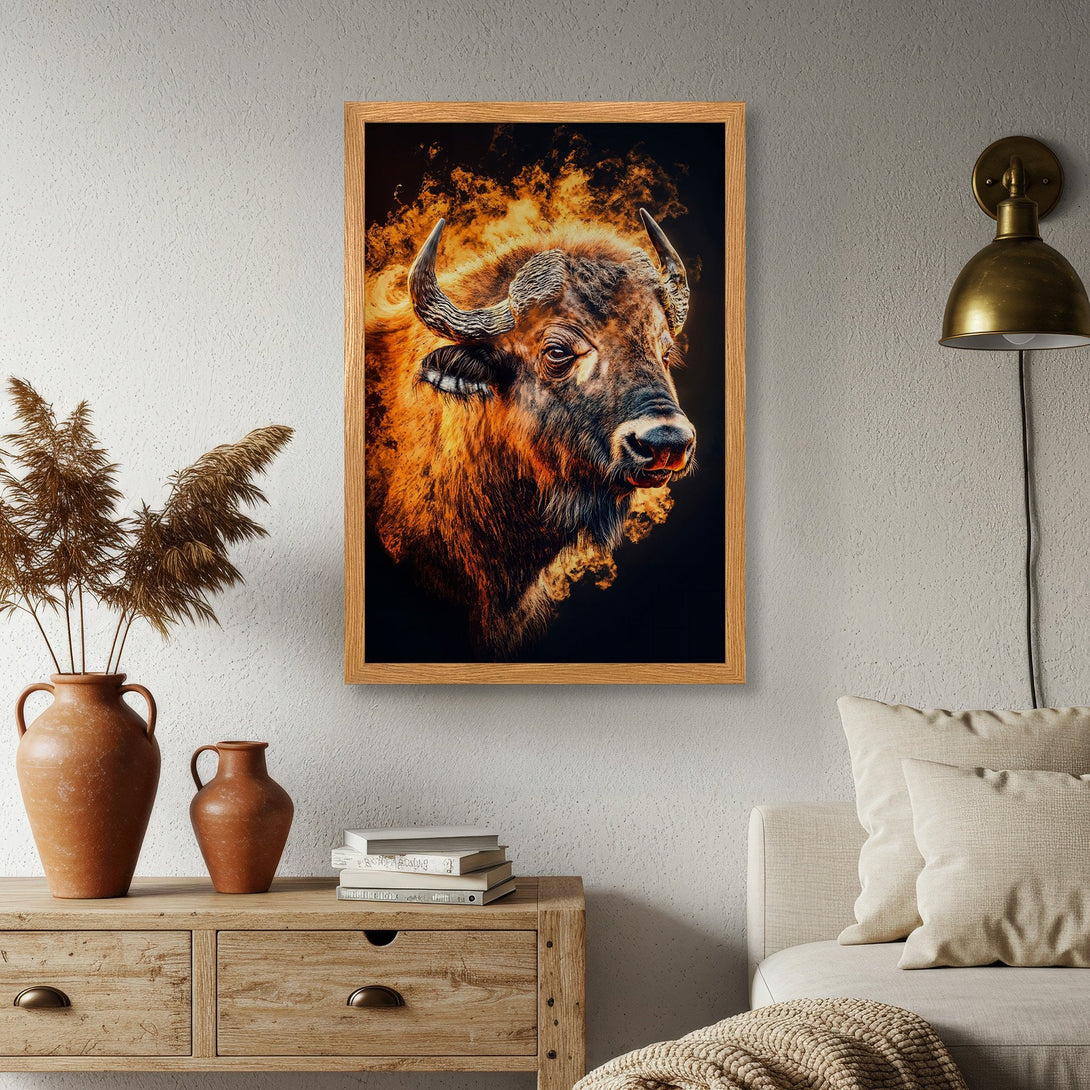 Framed Poster of a bison with fiery details, warm orange and brown tones, perfect for rustic decor.