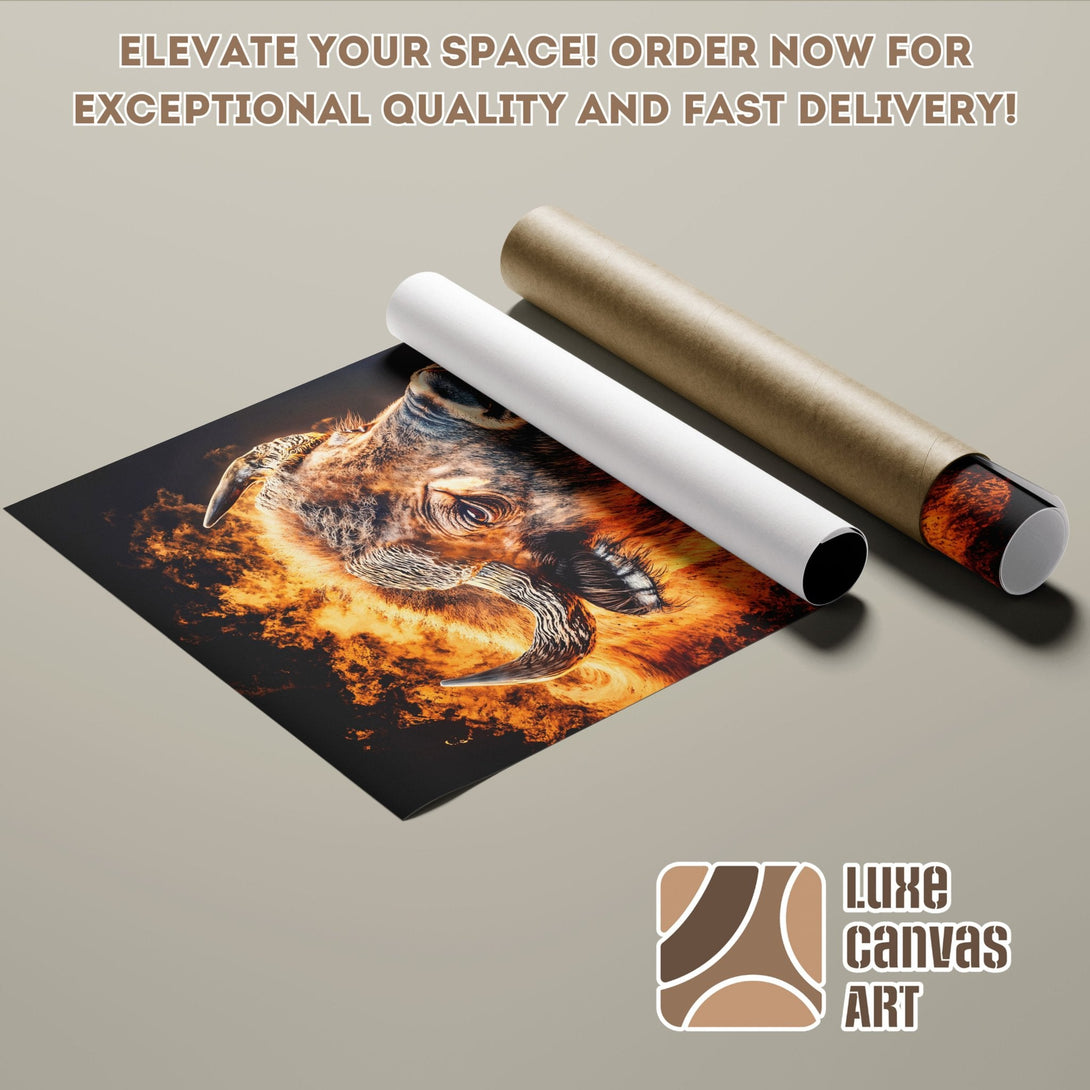 Poster Roll featuring a fiery bull artwork. Modern style, warm orange and black color palette. Elevate your space with Luxe Canvas Art!