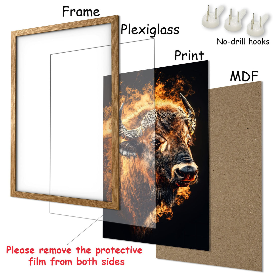 Framed Poster featuring a bison in a fiery style, with a warm orange and black color palette. Perfect wall art!