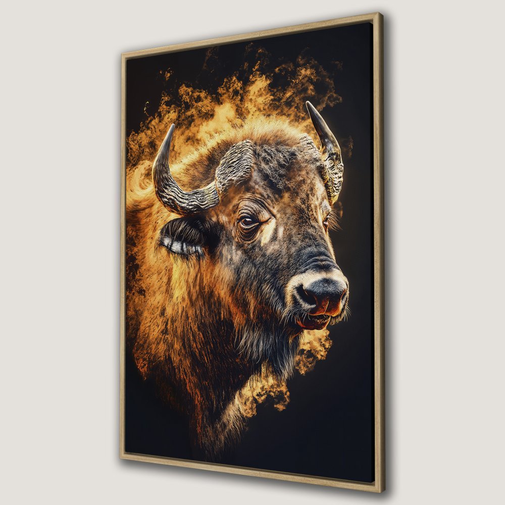 Framed Wall Art: Majestic bison portrait in warm, earthy tones. Add a touch of wilderness to your home with this stunning canvas print!