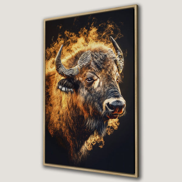 Framed Wall Art: Majestic bison portrait in warm, earthy tones. Add a touch of wilderness to your home with this stunning canvas print!