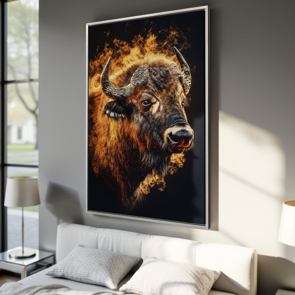 Framed Wall Art: Majestic bison portrait in warm orange and black tones. Add a touch of wildlife art to your bedroom decor.
