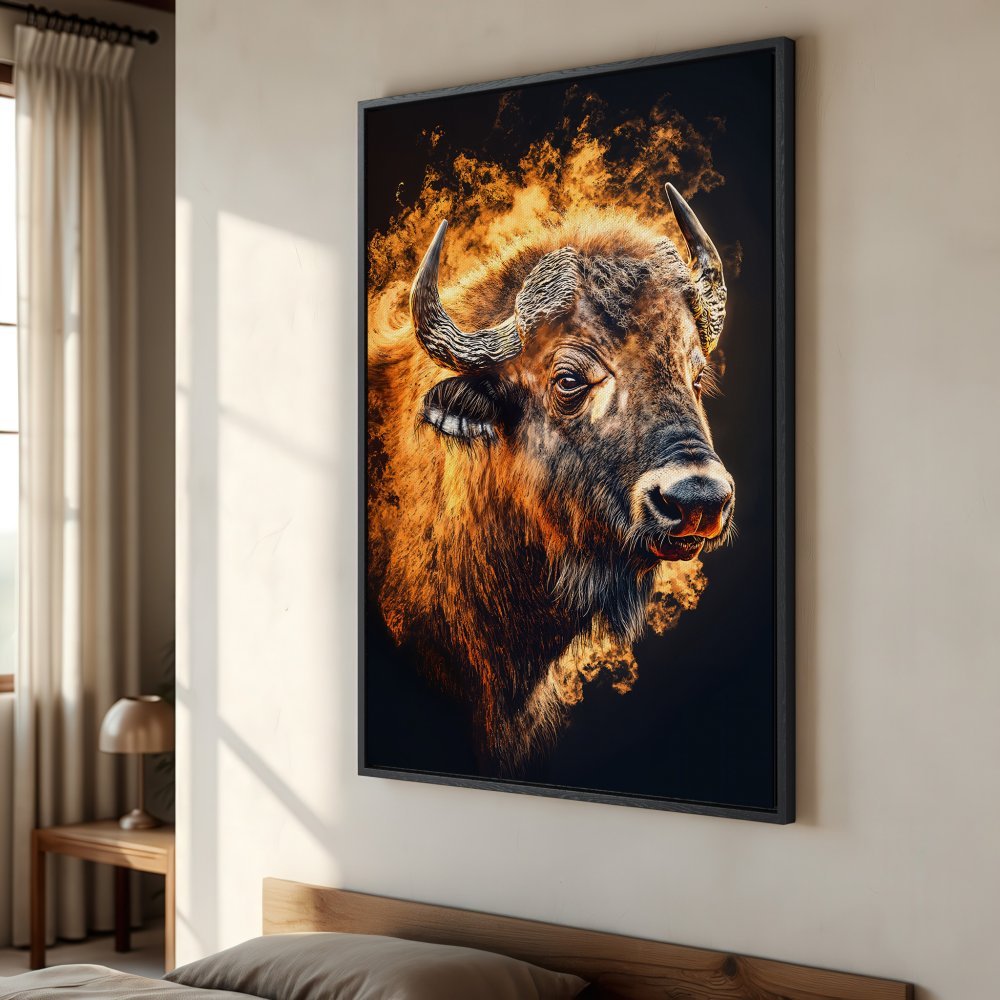 Framed Wall Art: Majestic buffalo portrait in fiery orange and black. Add a touch of wilderness with this stunning canvas print!