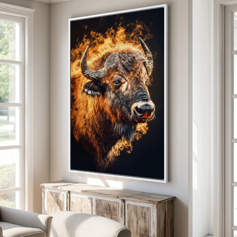 Framed Wall Art: Majestic bison portrait with fiery accents. Warm orange and black color palette. Elevate your home decor with this stunning canvas print.