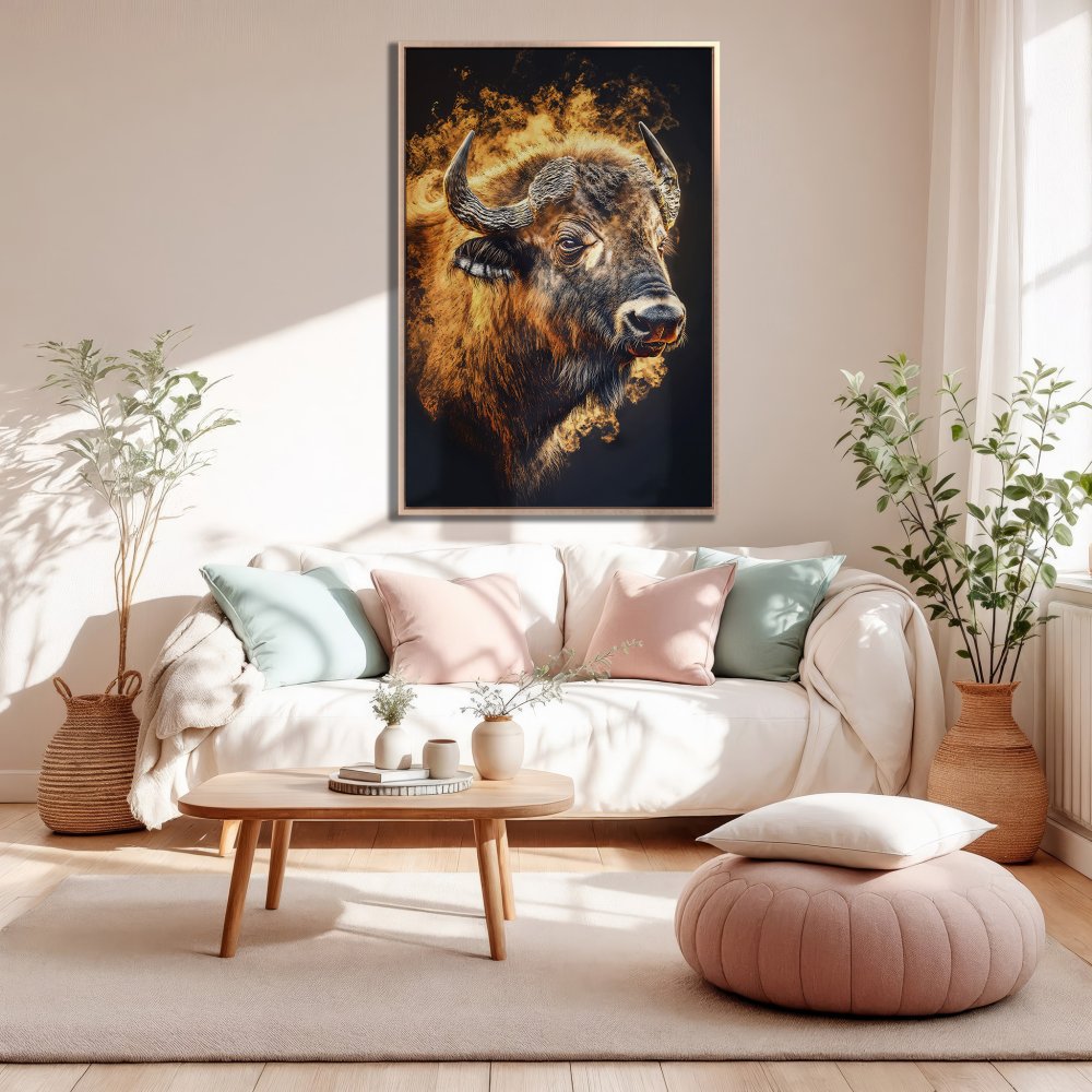 Framed Wall Art: Majestic buffalo portrait in warm gold and brown tones. Perfect for adding a touch of rustic elegance to your living room.