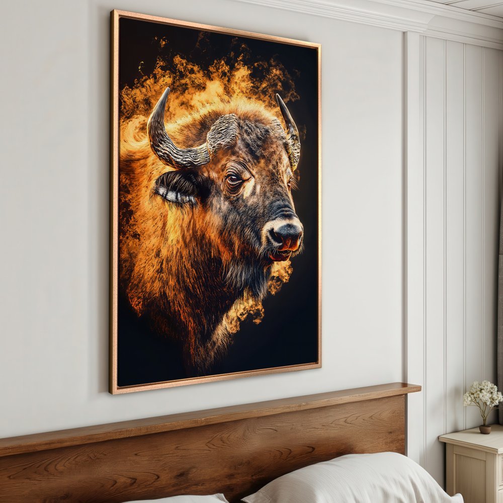 Framed Wall Art: Majestic bison portrait in fiery hues. Stunning canvas print with warm orange and black tones, perfect for rustic decor.