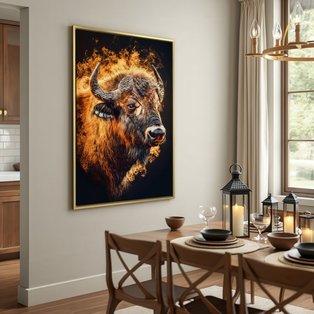 Canvas Print of a majestic bison, warm orange and brown tones, perfect for rustic decor. Shop Framed Wall Art today!